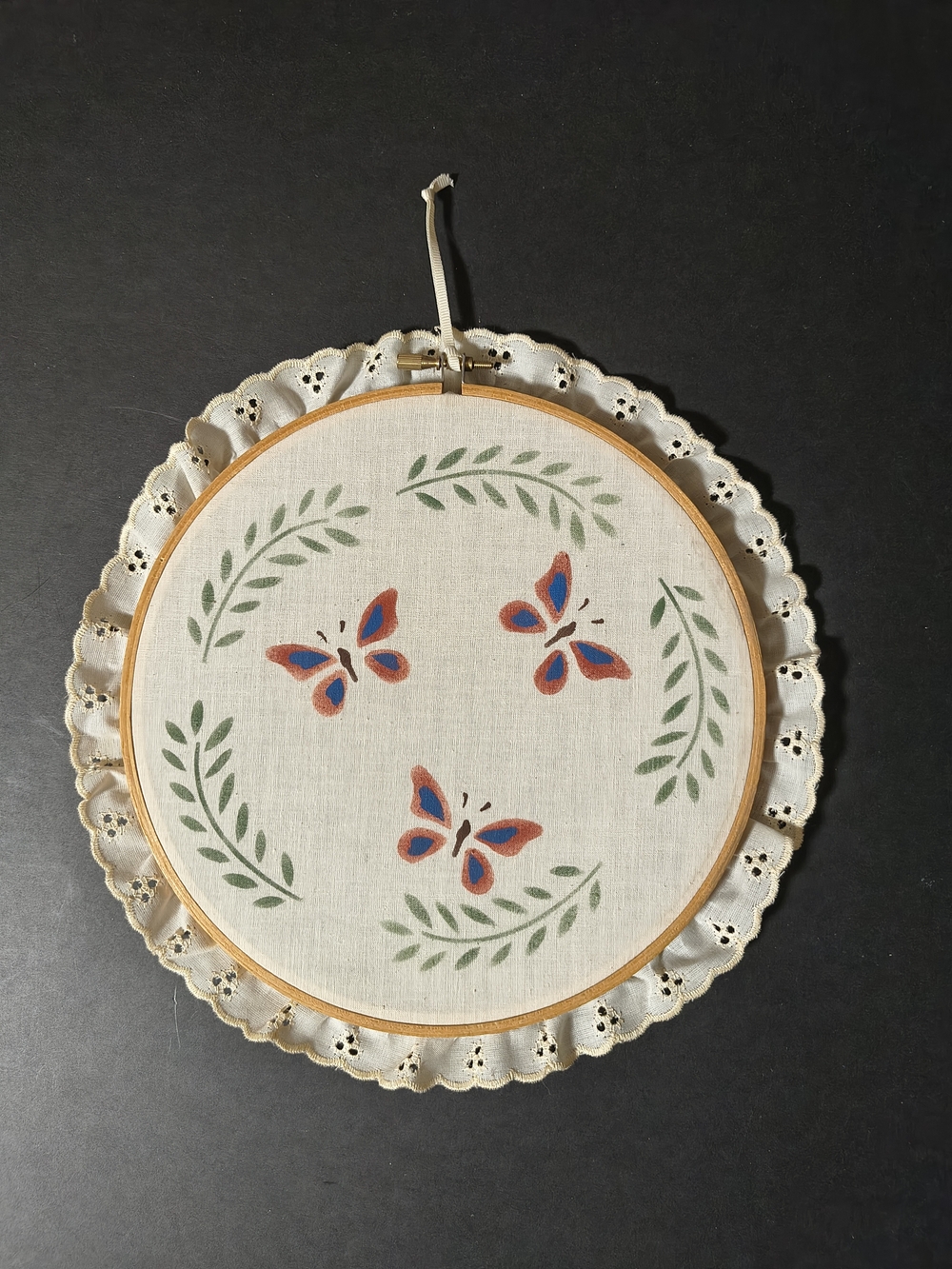 Butterfly Hoop Wall Hanging in Cream Wood Frame Around 6"